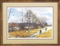 Ogden Pleissner, Clove Valley, Limited edition print shows two men hunting pheasant in a snow covered landscape. Pencil signed lower right