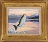 Maynard Reece, King Salmon, Oil on canvasboard shows a leaping salmon against a sunset sky with mountains being reflected in a calm lake