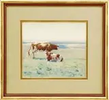Charles Henry Hayden, Cows, Watercolor scene shows two brown and white cows in a field overlooking water. Radcliffe Art Gallery label on reverse