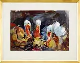 Frank Frederico, Turkeys, Watercolor scene show three colorful turkeys against a bluish background