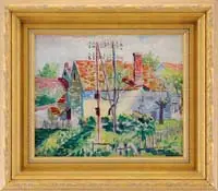 Francis Norton Johnson, Backyard View, Oil on board colorful scene shows several buildings with a garden backyard with fence, flowers and electric pole