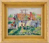 Francis Norton Johnson, Backyard View, Oil on board colorful scene shows several buildings with a garden backyard with fence, flowers and electric pole