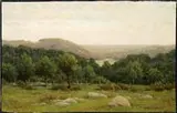 Casimir Clayton Griswold, Summer Landscape, Oil on canvas landscape scene shows a rock-strewn grassy field leading to woods with lake and low hills beyond
