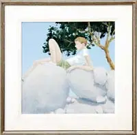 Michael Palmer, Reclined on Rocks, Ink and acrylic on canvas scene shows a boy resting on a group of rocks under a tree and blue sky