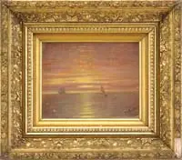 Nelson Augustus Moore, Study of a Sky, Oil on unstretched canvas scene of Lake George shows two sailboats under a setting sun and on calm water