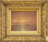 Nelson Augustus Moore, Study of a Sky, Oil on unstretched canvas scene of Lake George shows two sailboats under a setting sun and on calm water