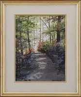 Ralph Taylor, The Sunlit Path, Watercolor scene shows a path leading up through woods with colorful bushes and sunlight beyond