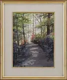 Ralph Taylor, The Sunlit Path, Watercolor scene shows a path leading up through woods with colorful bushes and sunlight beyond