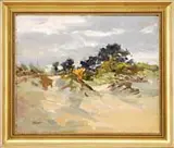Betty Lou Schlemm, Winter Dunes, Oil on canvas impressionistic scene shows a flower and bush topped sandy dunes under a colorful pink, white and gray sky