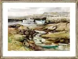 Betty Lou Schlemm, Laneville Sound, Watercolor coastal scene shows two lobster boats in small inlet near granite pier with figures