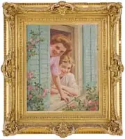 Frederick James Boston, The Window Greeting, Oil on wood panel shows two young women leaning out a window flanked by greenish/blue shutters with pink rose branches