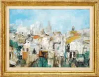 Jean Kalisch, Rooftops, Panoramic oil on board overlooking a city from a rooftop vantage point. All under blue sky