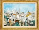 Jean Kalisch, Rooftops, Panoramic oil on board overlooking a city from a rooftop vantage point. All under blue sky