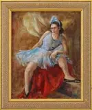 Marie Paddock, Madalyn As a Ballerina, Oil on canvas interior scene shows a woman with stern look wearing a blue ballerina outfit seated on a red cloth