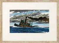 Stephen Howard, Tug, Acrylic scene shows a tugboat cruising right to left in colorful blue and green sea under gray cloud and blue sky