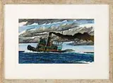 Stephen Howard, Tug, Acrylic scene shows a tugboat cruising right to left in colorful blue and green sea under gray cloud and blue sky