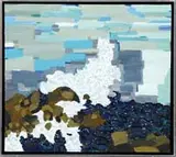Lynne Mapp Drexler, Two Works: “A Wave” & “Blue Vase-Blue Wall, 1) Oil on canvas abstract scene shows a wave crashing onto rocks