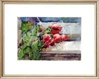 David Lyle Millard, Radishes, Watercolor scene of a bunch of red radishes on a doorstep