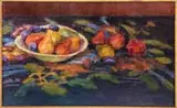 K. Axilrod, Still Life with Pears, Plums and Pomegranate, Oil on canvas tabletop scene shows a yellow bowl with colorful fruit with fruit beside on a colorful tablecloth