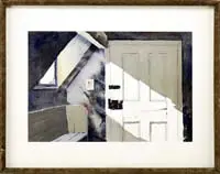 William James Dow, A Ray on Sunshine, Fine watercolor interior view shows a white door being cascaded with sunlight through a side window with settle below