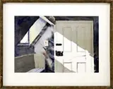 William James Dow, A Ray on Sunshine, Fine watercolor interior view shows a white door being cascaded with sunlight through a side window with settle below