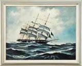 The Daniel Webster by Vivian Forsythe Porter, Oil on canvas nautical scene shows a three-mast ship in half sail sailing left to right in rough seas, sold Aug 2009