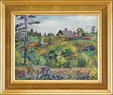 Byron Randall, House on the Hill, Oil on board scene shows a barn and house on a grass and tree lined hill