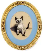 Blue-Eyed Kitten by Gladys Emerson Cook, Pastel portrait of a seated cat looking straight at viewer, white and gray color with bright blue eyes, sold Aug 2009