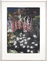 Meg Black, Flower Garden, Collage scene shows a colorful flower garden with daisies and lupines