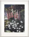 Meg Black, Flower Garden, Collage scene shows a colorful flower garden with daisies and lupines
