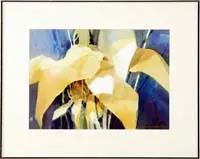 Edward Minchin, Leaf Arch, Watercolor scene shows several yellow leaves and stems against a blue background