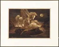 Charles J. Burdick, Unicorns in the Moonlight, Watercolor fantasy scene shows two unicorns on a rock surrounded by water under a moonlit sky