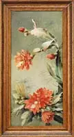 Emmons, Desert Cactus in Bloom, Oil on canvas southwestern scene shows a cactus with bright red large blossoms against a light green background