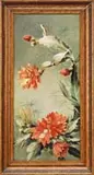 Emmons, Desert Cactus in Bloom, Oil on canvas southwestern scene shows a cactus with bright red large blossoms against a light green background