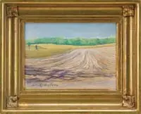 Daniel Ralph Celantano, Fields and Trees, Pastel on paper scene shows a field area leading to water with a line of trees bordering a golden field