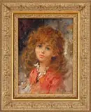 P R Gerome, Young French Girl, Oil on canvas portrait of a young girl with long red hair wearing a red shirt with white collar