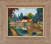 Joseph Unger, Along the Canal, Oil on canvasboard scene shows a canal with houses and trees lining the far bank
