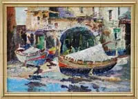 John Chetcuti, City Boatyard, Oil on board scene shows three boats with workers outside of city buildings
