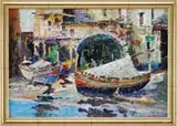 John Chetcuti, City Boatyard, Oil on board scene shows three boats with workers outside of city buildings