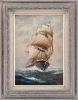 Ship Sinoda of Boston, Mass 1854 by William Frederick Paskell, Oil on canvas scene shows a tall ship sailing toward the viewer in greenish/blue white capped ocean, sold Aug 2009