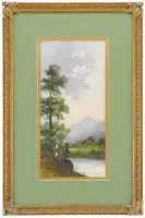 Signed, Mountain View, Pastel landscape shows a mountain background under light skies with house, water, field, and birch trees