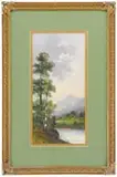 Signed, Mountain View, Pastel landscape shows a mountain background under light skies with house, water, field, and birch trees