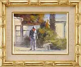 Signed, Here’s a Real Pisser, Oil on wood panel scene shows a man with dog on leash who is relieving itself in the bushes
