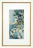 Dogwood Blossoms by Unsigned, Watercolor scene shows white blossoming branches with green leaves against a light blue background, sold Aug 2009