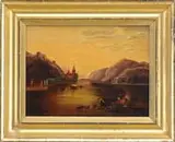 Unsigned, Sunset Church, Oil on canvas sunset scene over a river leading to a five-arch bridge near tall church surrounded by mountains