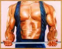 Peter Bieling, Pumping Up, Acrylic on canvas body building scene of a man lifting barbell wearing a blue outfit. The scene shows waist to neck