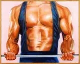 Peter Bieling, Pumping Up, Acrylic on canvas body building scene of a man lifting barbell wearing a blue outfit. The scene shows waist to neck