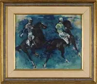 Denes de Holesch, Polo Players, Oil on canvasboard scene shows two polo players on horses in the midst of a match