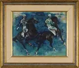 Denes de Holesch, Polo Players, Oil on canvasboard scene shows two polo players on horses in the midst of a match