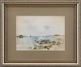 Charles Russell Loomis, Sailing on a Calm Day, Watercolor coastal scene shows several sailboats in a calm bay with beach having three tethered rowboats